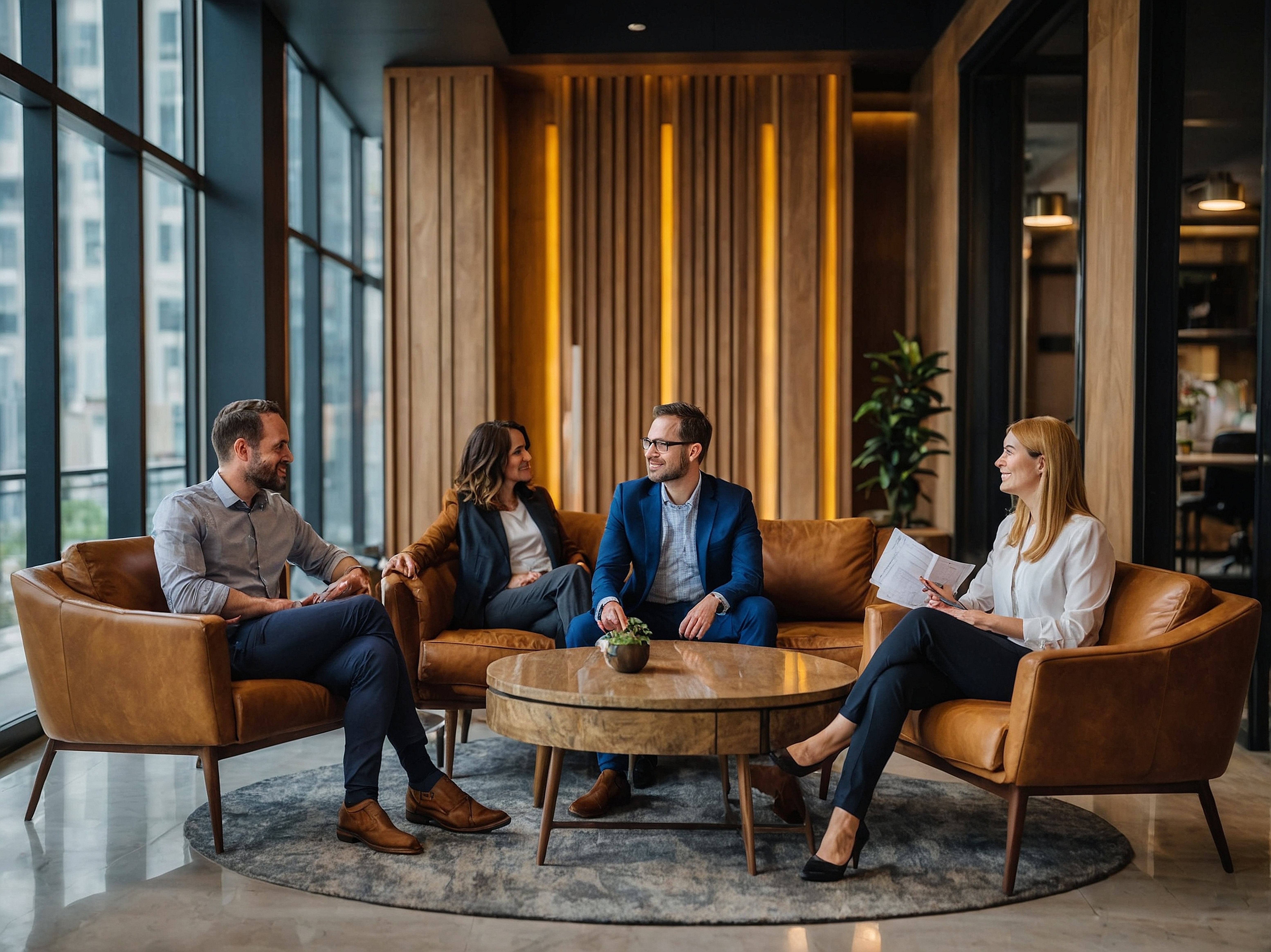 Executive team in modern office lounge